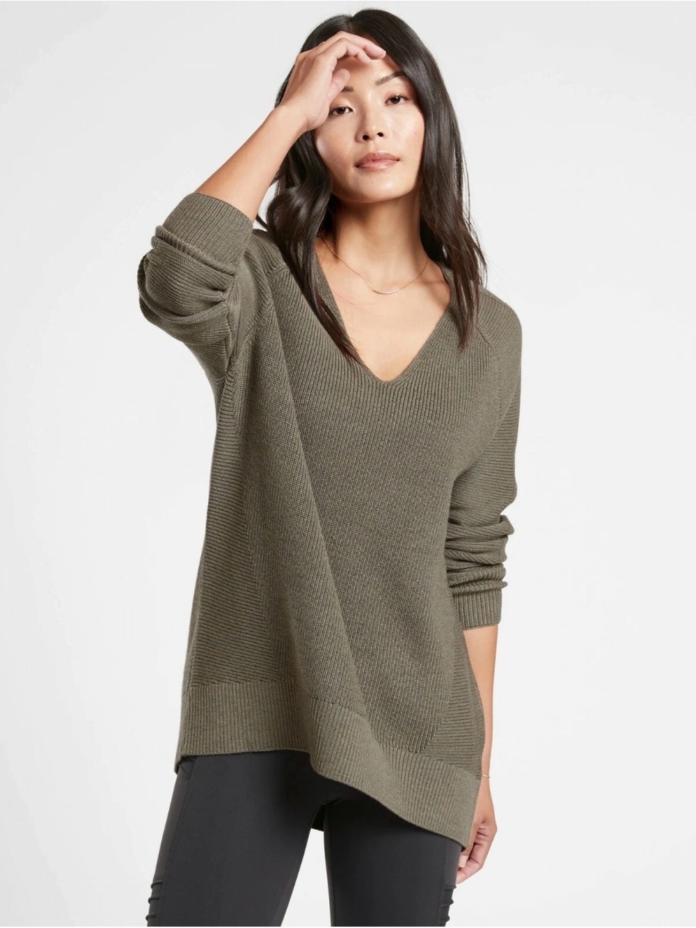 Athleta Hanover Merino Wool Blend V-Neck High Low Tunic Sweater Olive Green XL